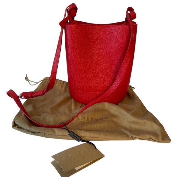 Burberry Lorne Red Pebbled Leather Bucket Crossbody Handbag Purse Bucket Bag - Picture 10 of 16